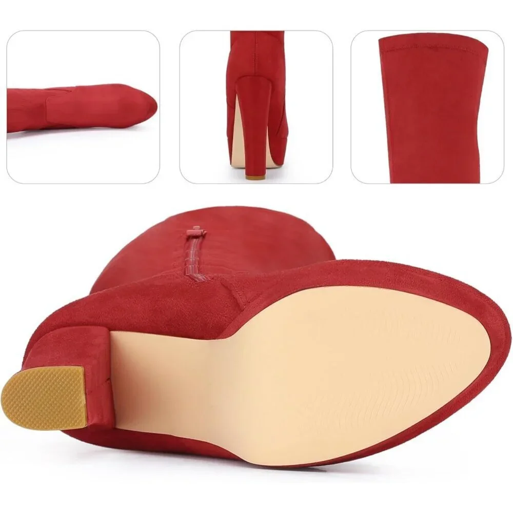 Women Red Suede Chunky Heel Rounded Toe Over the Knee Thigh High Long Boots